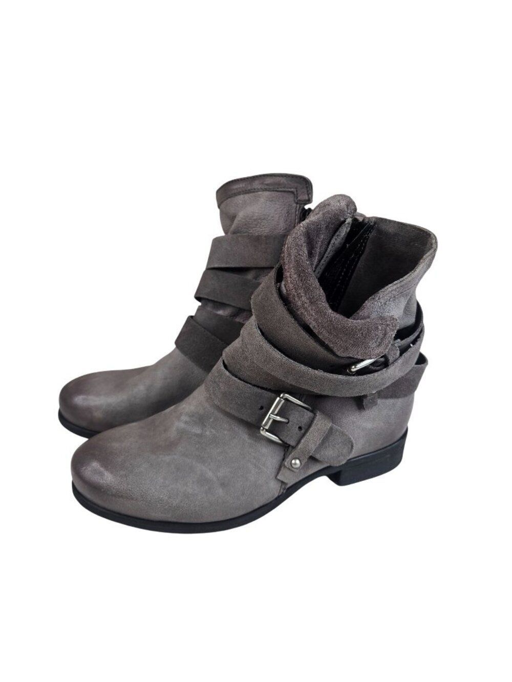 Miz Mooz Gray Strappy Shane Ankle Boots Womens Size 7.5 EU 38 Wide Leather